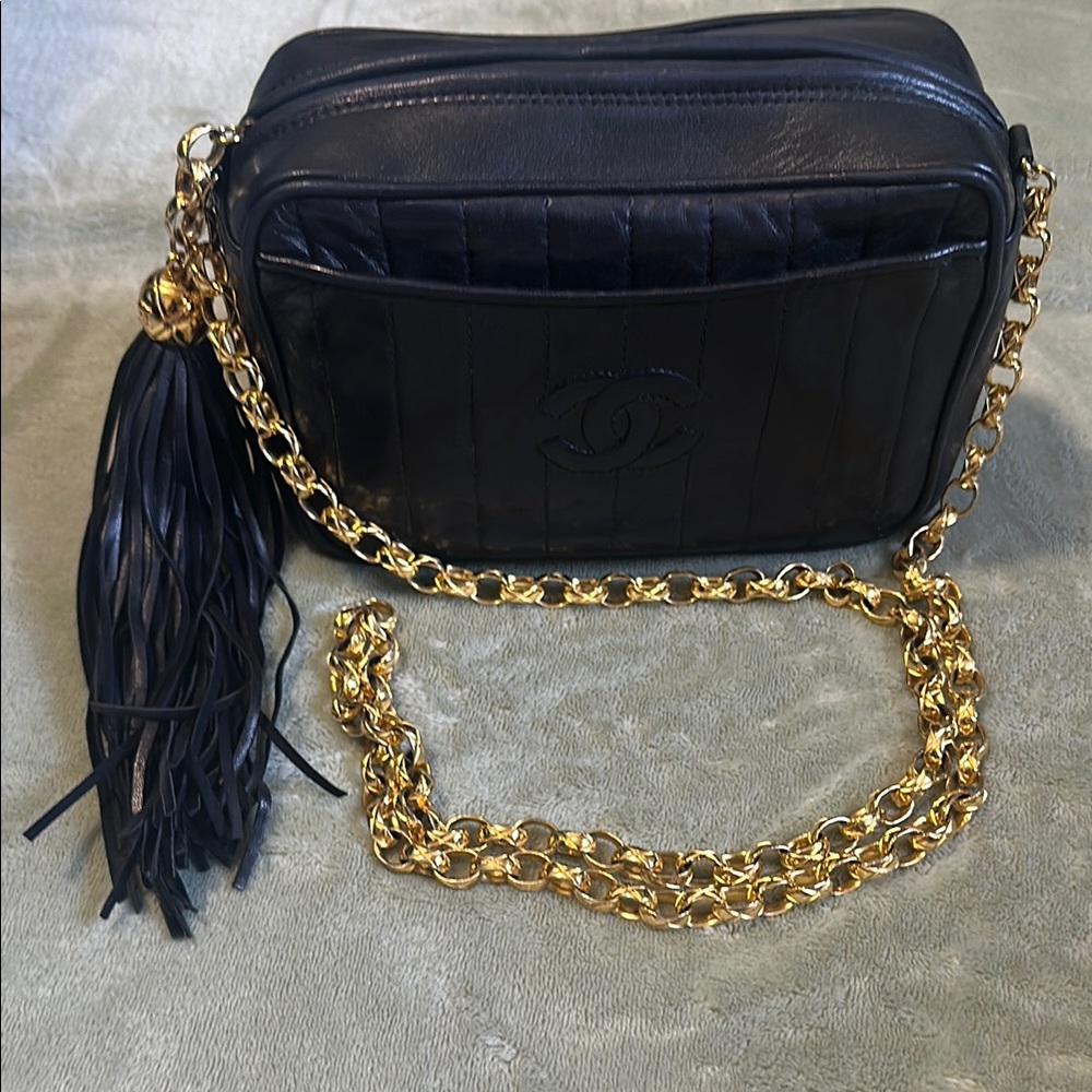 CHANEL Black and Gold Crossbody Bag with Chain Strap
